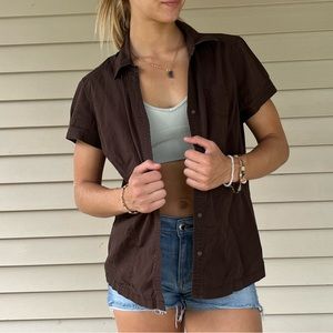 Sonoma Brown Short Sleeve Cute Boho Preppy Thrifty Button Down Oversized XL